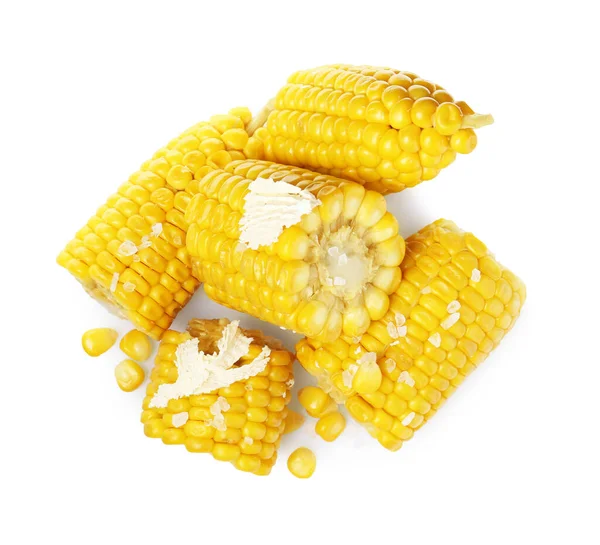 Tasty Cooked Corn Cobs Butter White Background Top View — Stock Photo, Image