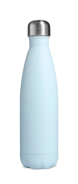 Stilvolle Geschlossene Hellblaue Thermoflasche Mit Wassertropfen Isoliert Auf Weiß — Stockfoto