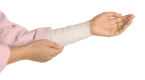 Woman Wrist Wrapped Medical Bandage White Background Closeup — Stock Photo, Image