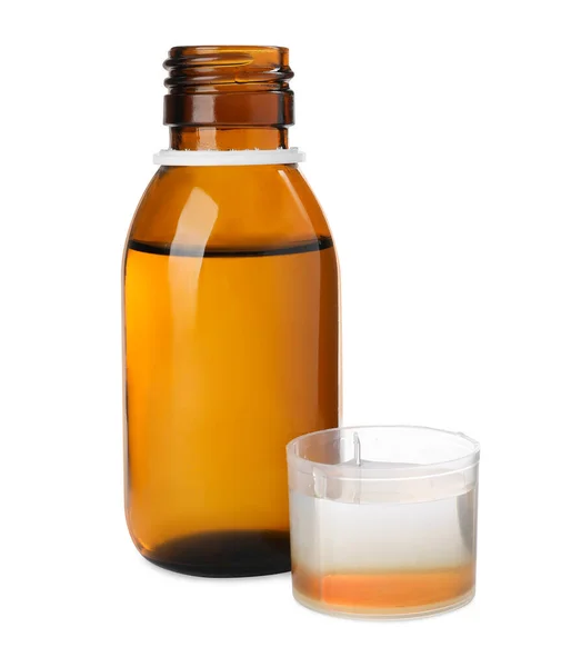 Botol Dengan Ukuran Cangkir Sirup Pada Latar Belakang Putih Obat — Stok Foto