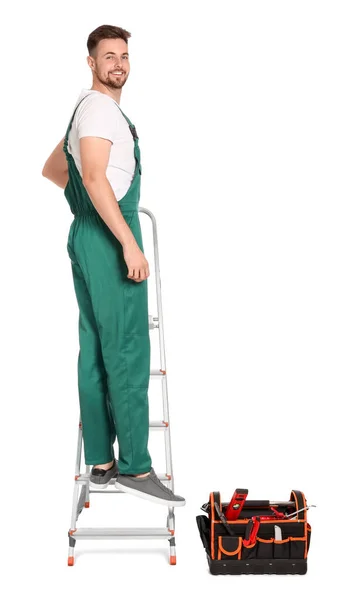 Werknemer Uniform Metalen Ladder Tegen Witte Achtergrond — Stockfoto