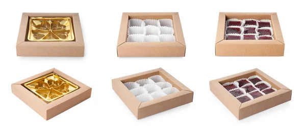 Set Avec Des Boîtes Bonbons Pleines Vides Sur Fond Blanc — Photo