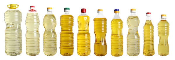 Набір Різними Пляшками Олії Приготування Їжі Білому Тлі Дизайн Прапора — стокове фото