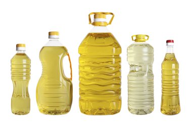 Beyaz arka planda farklı yemek pişirme yağları ile ayarlandı