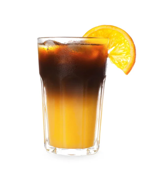 Lekker Verfrissend Drankje Met Koffie Sinaasappelsap Glas Geïsoleerd Wit — Stockfoto