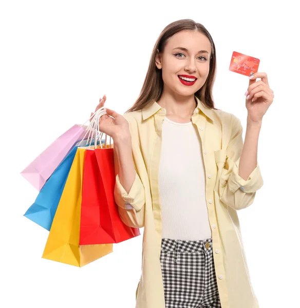 Stilvolle Junge Frau Mit Einkaufstaschen Und Kreditkarte Weißen Hintergrund — Stockfoto