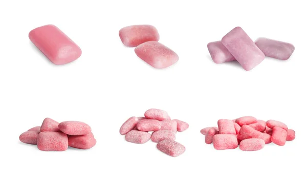 Set Met Verschillende Smakelijke Kauwgom Witte Achtergrond — Stockfoto