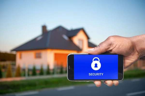 Home Security System African American Man Smartphone His House Outdoors — Stock Photo, Image