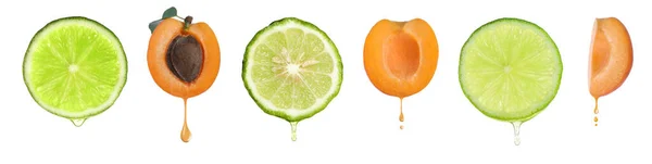 果物をセットし 白い背景に自然なエッセンシャルオイルを滴下 バナーデザイン — ストック写真