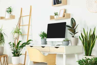 Comfortable workplace with modern computer and different houseplants in room