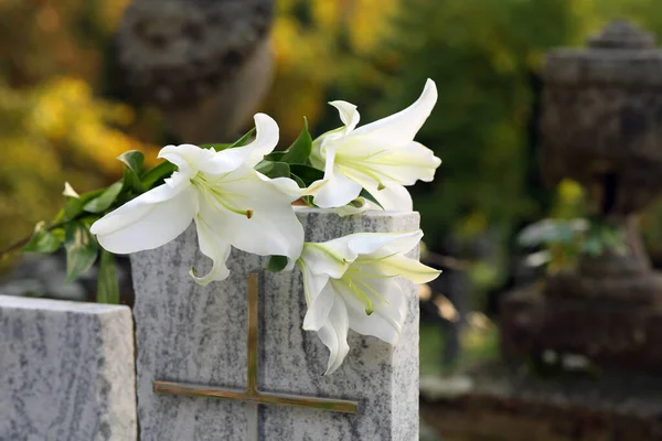 Білі Лілії Гранітному Надгробку Відкритому Повітрі Місце Тексту Церемонія Похорону — стокове фото