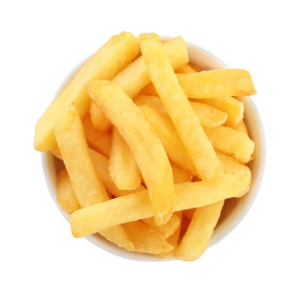 Skål Med Läckra Pommes Frites Vit Bakgrund Ovanifrån — Stockfoto