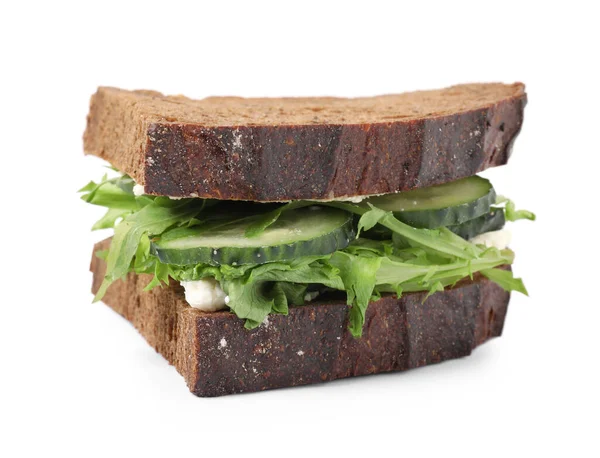 Смачний Бутерброд Вершковим Сиром Огірком Зеленню Білому Тлі — стокове фото