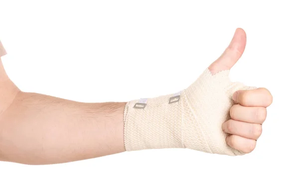 Mężczyzna Ręką Owinięty Bandaż Medyczny Białym Tle Zbliżenie — Zdjęcie stockowe
