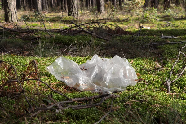 Disposable polyethylene bag on grass in forest. Recycling problem