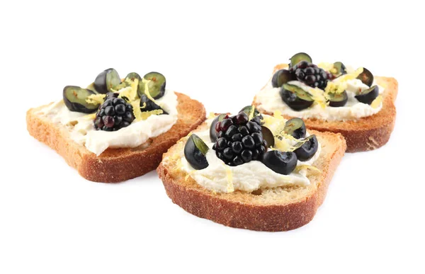 Tasty Sandwiches Cream Cheese Blueberries Blackberries Lemon Zest White Background — Stock Photo, Image
