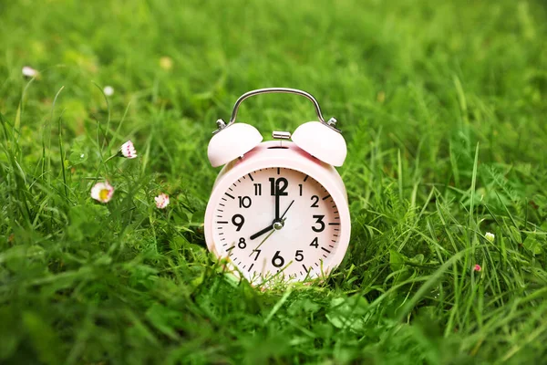 Relógio Alarme Rosa Grama Verde Livre — Fotografia de Stock