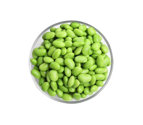 Bowl Fresh Edamame Soybeans White Background Top View — Zdjęcie stockowe