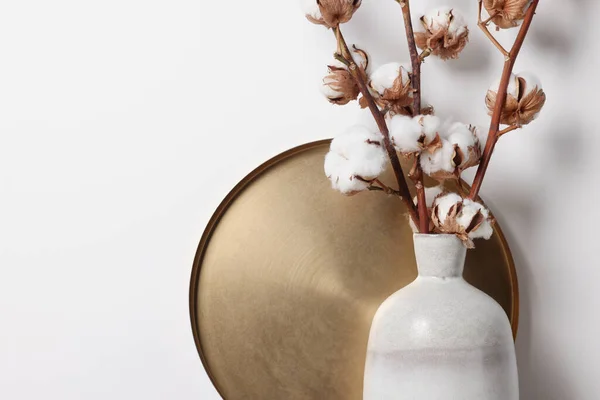 白い背景に花瓶にふわふわの花を持つ綿の枝 クローズアップ テキストのスペース — ストック写真