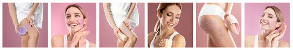 Colagem Com Fotos Mulheres Jovens Aplicando Esfoliação Corporal Fundo Rosa — Fotografia de Stock