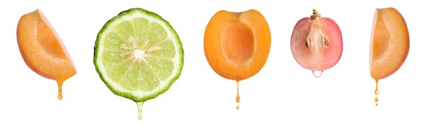 Conjunto Com Frutas Diferentes Óleos Essenciais Naturais Gotejantes Sobre Fundo — Fotografia de Stock