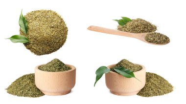 Beyaz arkaplanda yerba mat yaprak karışımı ile ayarla