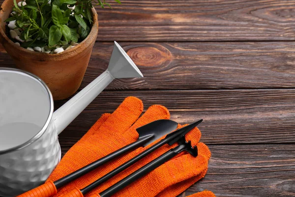 Watering Can Gardening Tools Plant Gloves Wooden Table Space Text — Stock Photo, Image