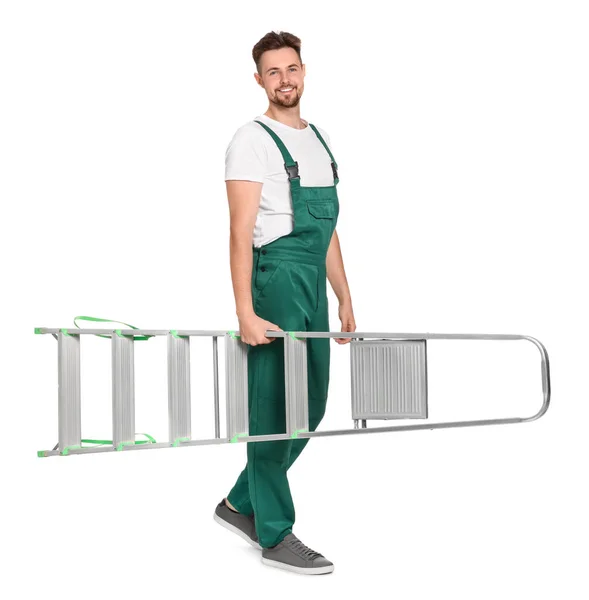 Worker Uniform Holding Metal Ladder White Background — Stock Photo, Image