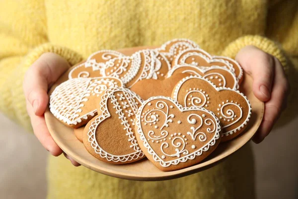 Woman Holding Plate Tasty Heart Shaped Gingerbread Cookies Closeup — Stock Photo, Image