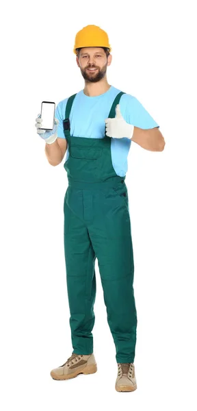 Professional Repairman Uniform Showing Smartphone Thumbs White Background — Stock Photo, Image