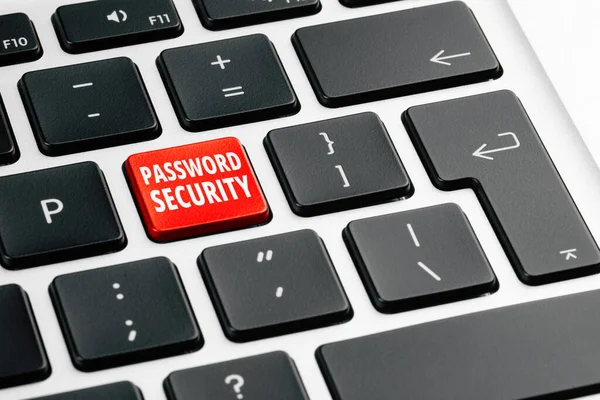 Botão Vermelho Com Texto Password Segurança Teclado Vista Close — Fotografia de Stock
