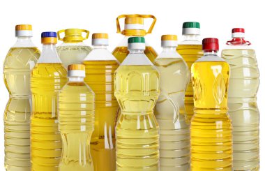 Beyaz arka planda farklı yemek pişirme yağları ile ayarlandı