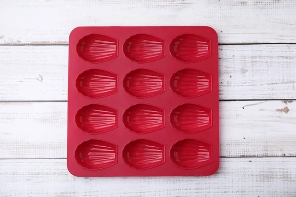 Red Baking Mold Madeleine Cookies White Wooden Table Top View — Stock Photo, Image