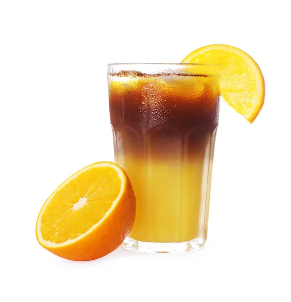 Tasty Refreshing Drink Coffee Orange Juice White Background — Stock Photo, Image