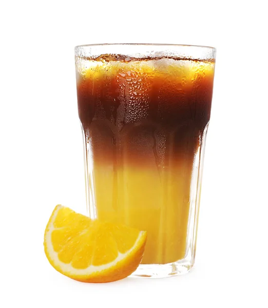 Bebida Refrescante Saborosa Com Café Suco Laranja Fundo Branco — Fotografia de Stock