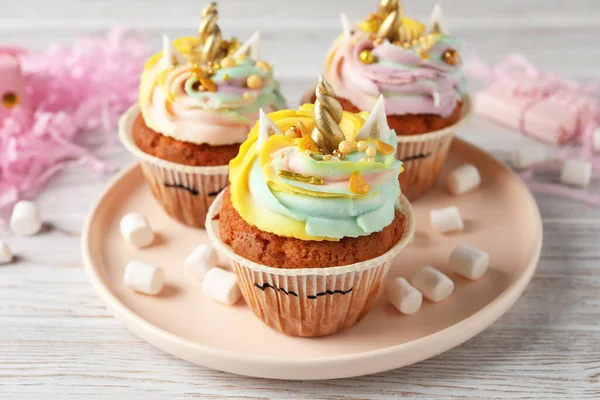 Cute Sweet Unicorn Cupcakes White Wooden Table — Stock Photo, Image