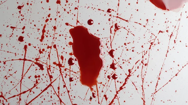 stock image Stain and splashes of blood on light grey background, top view