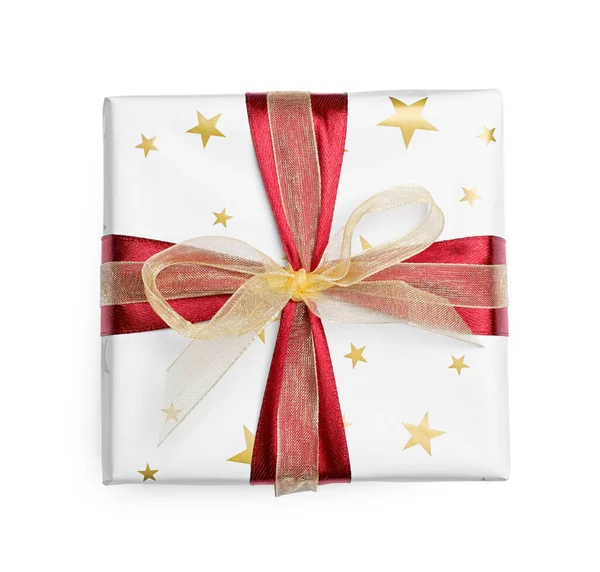 圣诞礼物 用星条旗纸包裹 白色背景 顶视图 — 图库照片