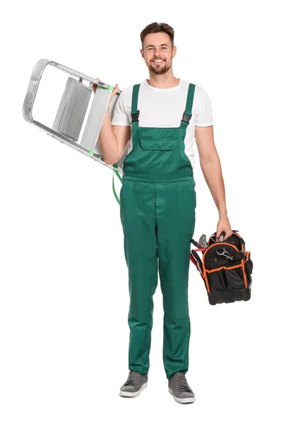 Arbeiter Uniform Mit Metallleiter Und Instrumenten Auf Weißem Hintergrund — Stockfoto