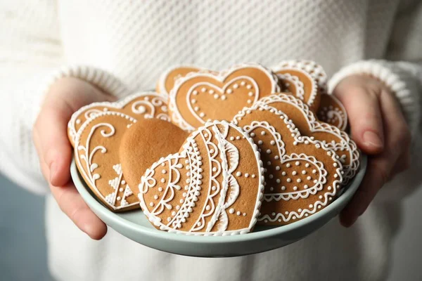 Woman Holding Plate Tasty Heart Shaped Gingerbread Cookies Closeup — Stock Photo, Image