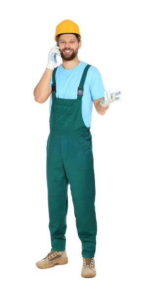 Professional Repairman Uniform Talking Smartphone White Background — Stock Photo, Image