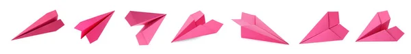 Set Met Handgemaakte Roze Papieren Vliegtuigjes Witte Achtergrond — Stockfoto