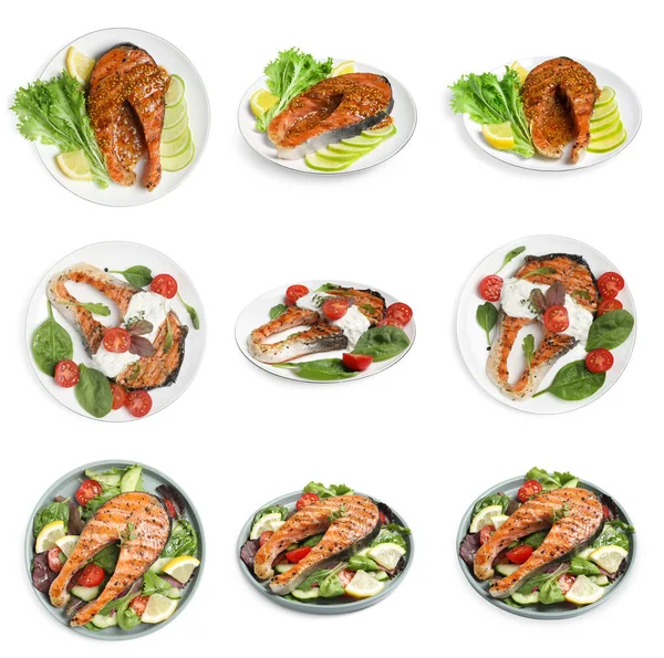 Set Tasty Grilled Salmon White Background — Stock Photo, Image