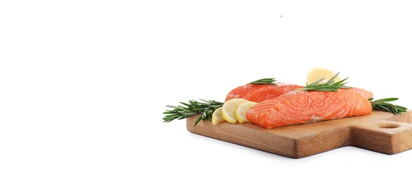 Fresh Raw Salmon Rosemary Lemon Slices Isolated White Banner Design — Stock Photo, Image