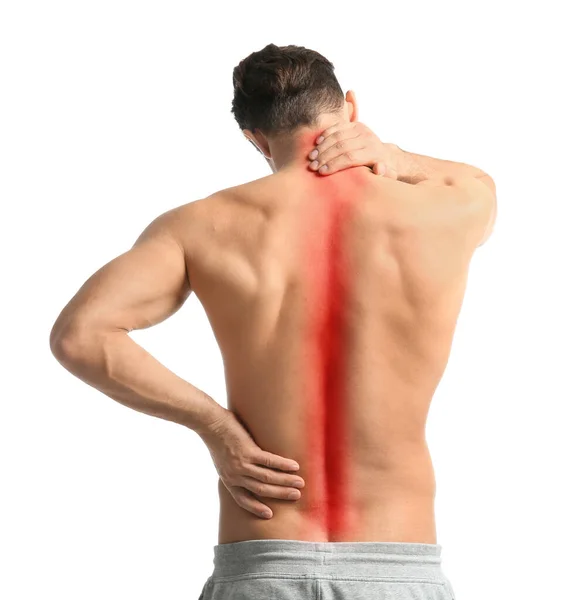 Junger Mann Leidet Unter Nackenschmerzen Auf Weißem Hintergrund — Stockfoto