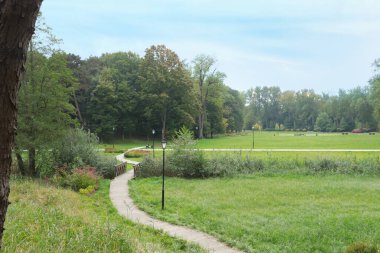 Yolları ve yeşil çimenleri olan güzel bir şehir parkı