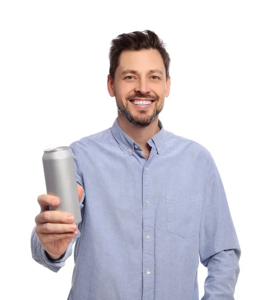 Hombre Feliz Sosteniendo Lata Con Bebida Sobre Fondo Blanco — Foto de Stock