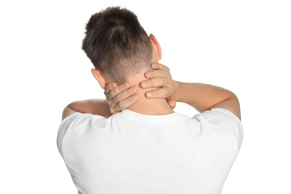 Man Suffering Neck Pain White Background Back View — Stock fotografie