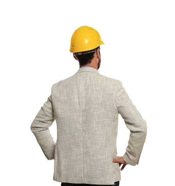 Επαγγελματίας Μηχανικός Σκληρό Καπέλο Απομονώνονται Λευκό Πίσω Όψη — Φωτογραφία Αρχείου