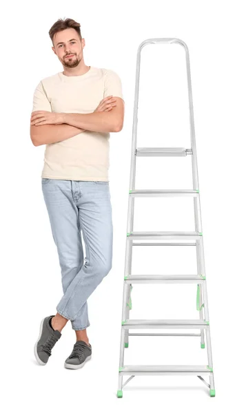 Молодой Красивый Мужчина Возле Металлической Лестницы Белом Фоне — стоковое фото